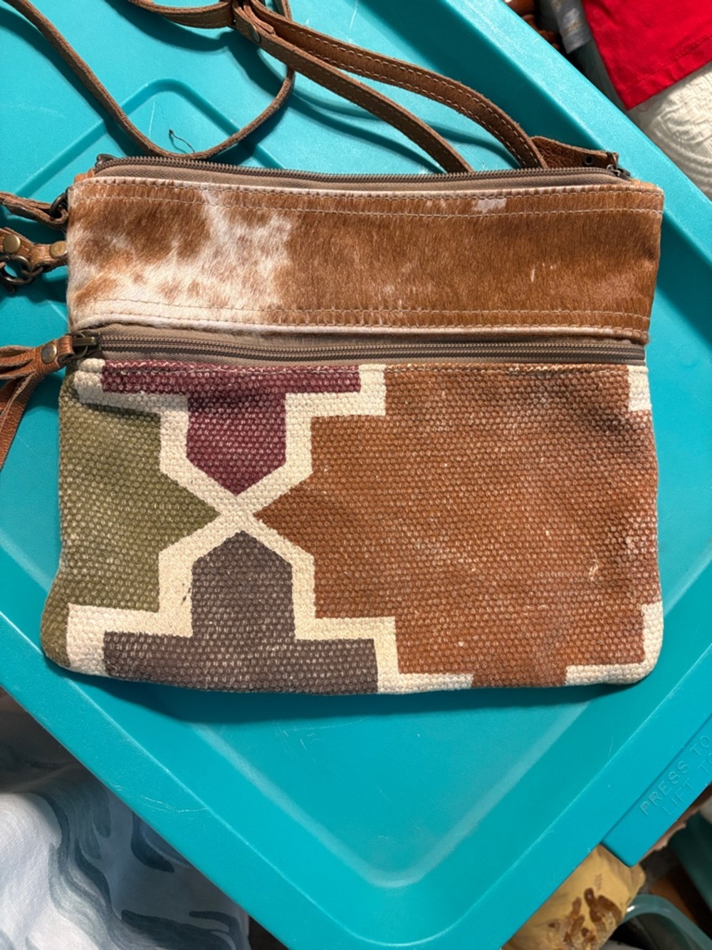 Myra Bag Brown Multi Geometric Crossbody with Haircalf Trim